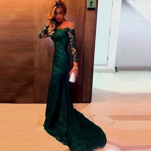 Mariage - Charming Off-the-shoulder Dark Green Mermaid Lace Prom Dress with Long Sleeves from Tidetell