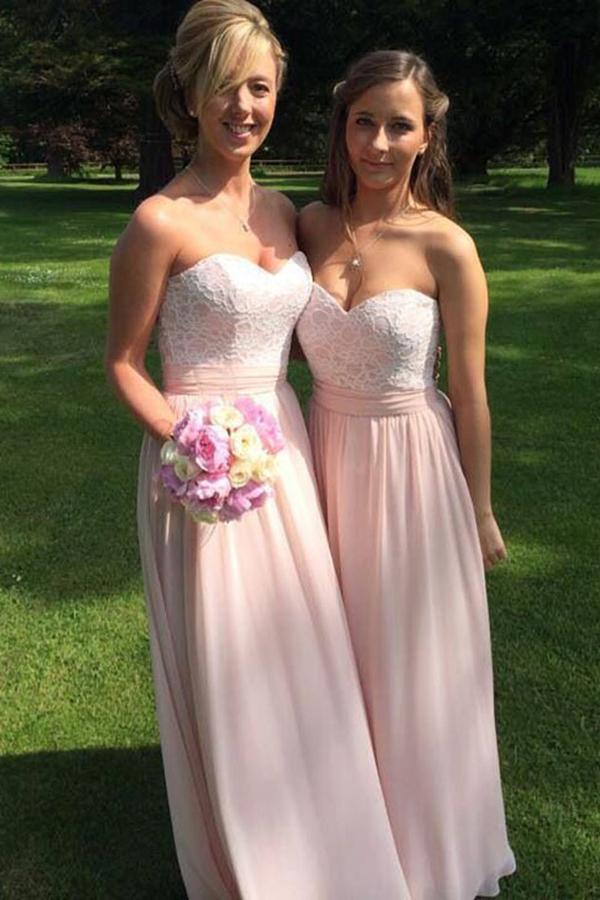 Wedding - Simple Sweetheart Floor-Length Chiffon Pink Bridesmaid Dress with Lace