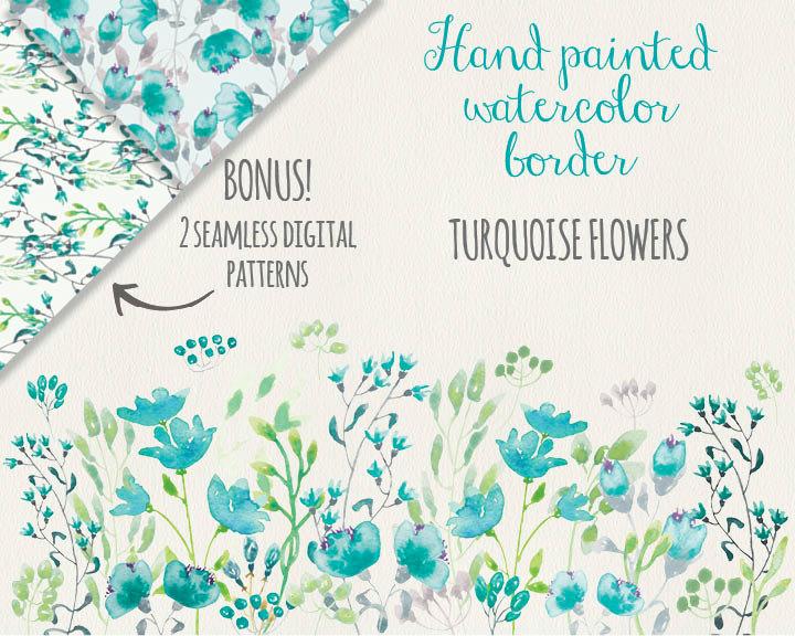 زفاف - Watercolor floral border: hand painted turquoise flowers; wedding resources; watercolor clip art - digital download