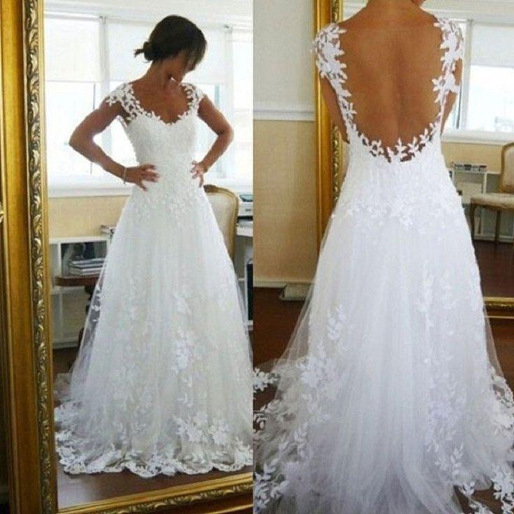 زفاف - Elegant A-line Backless Sweetheart Neck Cap Sleeves Lace Appliqued White Tulle Wedding Dress