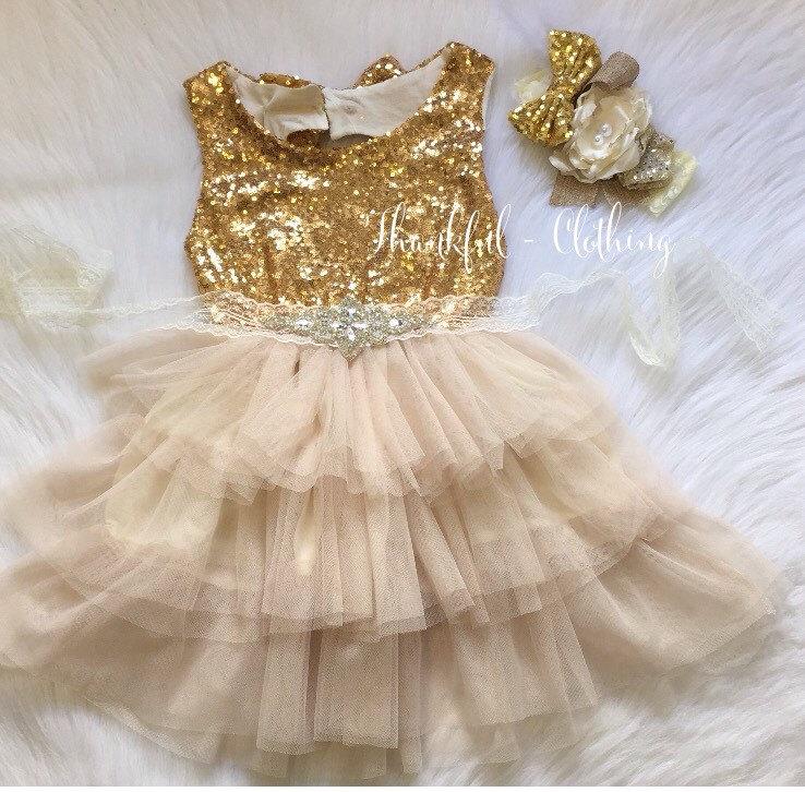 Свадьба - Gold sequin flower girl dress, ivory & gold, Rustic Flower Girl Dresses, Girls Gold Tulle Birthday Dress, gold tutu dress