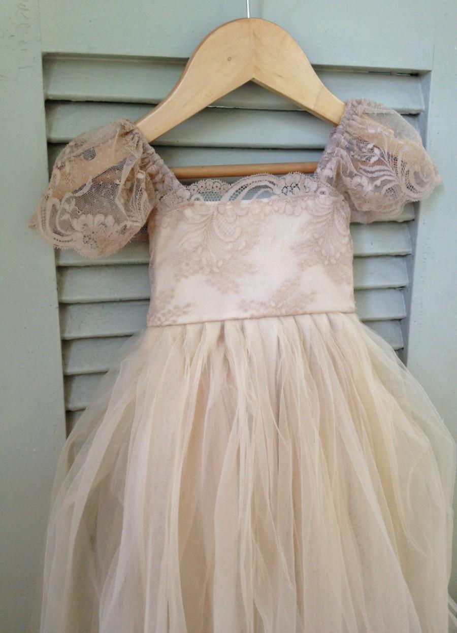 Mariage - Beige RUE DEL SOL flower girl dress French lace and silk tulle dress for baby girl taupe princess dress beige tutu dress