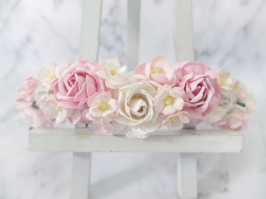 زفاف - White and pink flower crown - wedding floral hair wreath - flower headpiece - flower hair accessories for girls