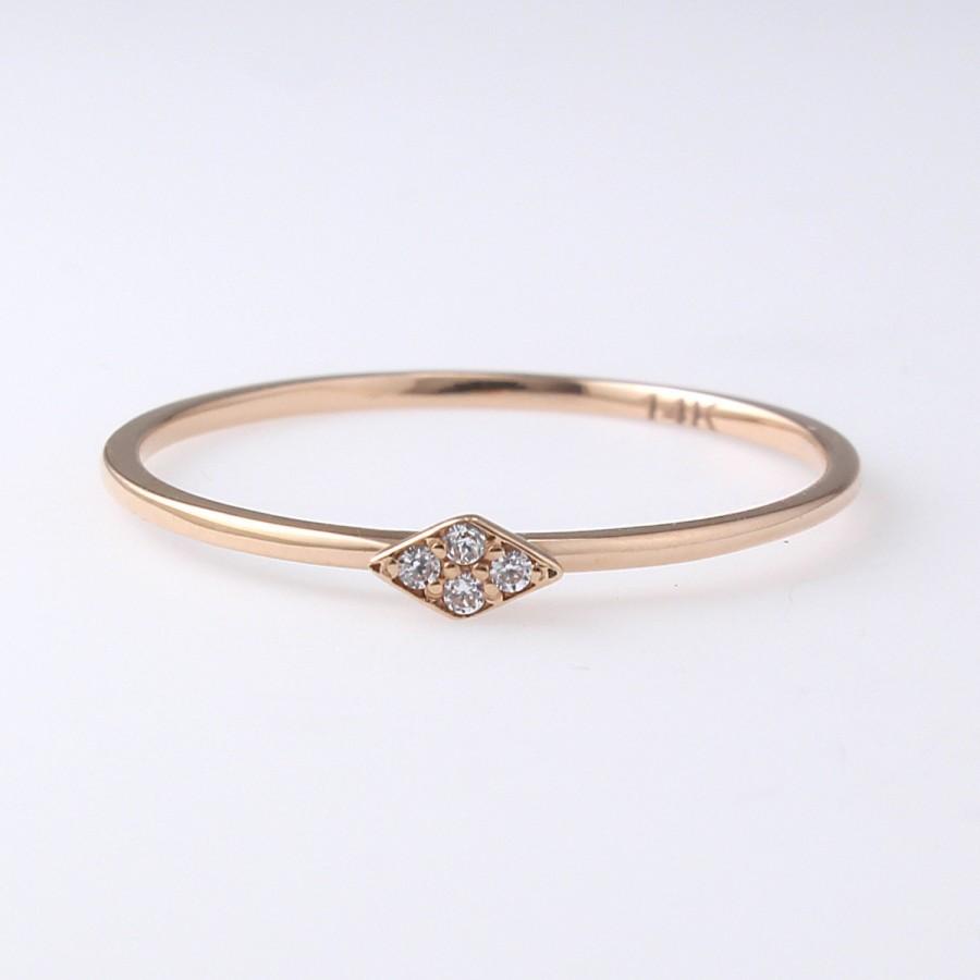زفاف - 14K Solid Gold Diamond CZ Thin Band, Simple Ring, Stacking Ring