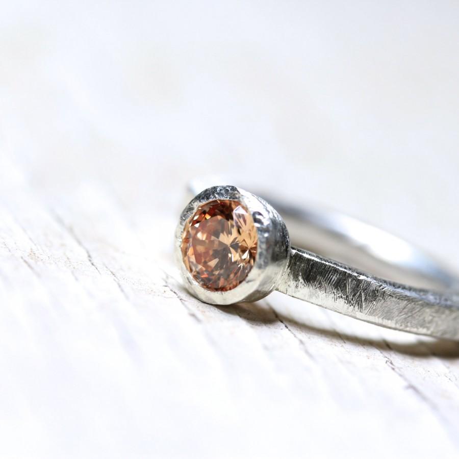 Hochzeit - Solid Silver Engagement Ring 14K Rose Gold Accent Peach Colored CZ Rustic Textured Bridal Design Pale Antique Brownish Pink - Forged Peach
