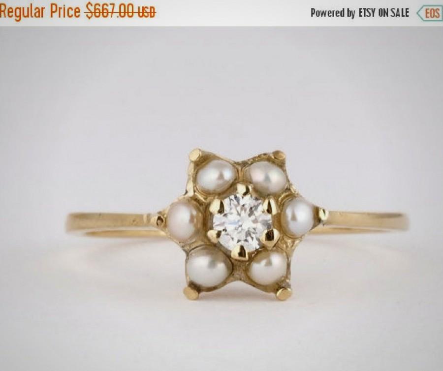 Wedding - Holiday Sale - Diamond Engagement Ring, Pearl Ring, Engagement Ring, Diamond Ring, Vintage Style Engagement Ring, April Birthstone Ring
