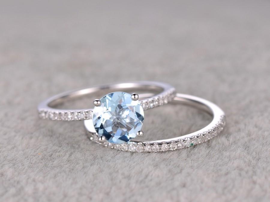 Wedding - 2pcs Round Blue Aquamarine Wedding ring set.Engagement ring,Diamond wedding band,Solid 14K White Gold,Gemstone Promise Bridal Ring,Stacking