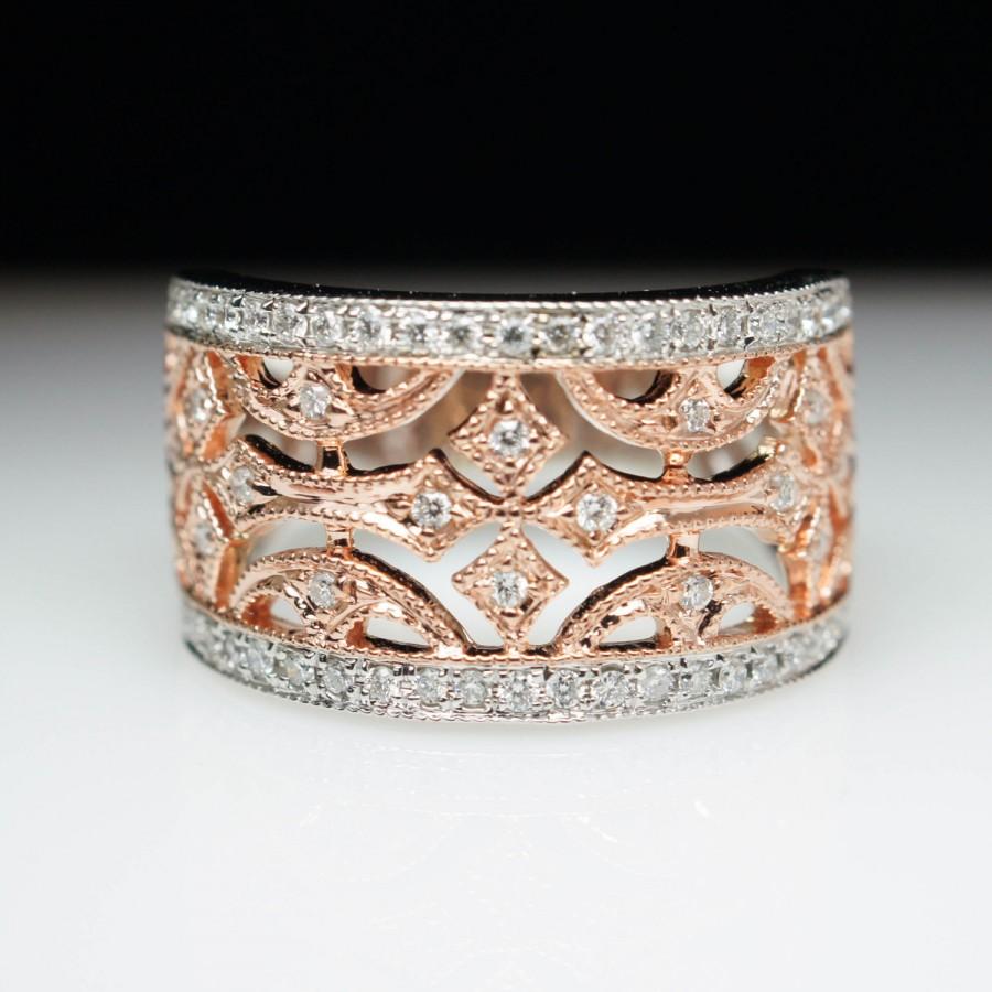 Wedding - White & Rose Gold Diamond Engagement Band Ring Star Face Wide Band Intricate Two Tone Bridal Jewelry