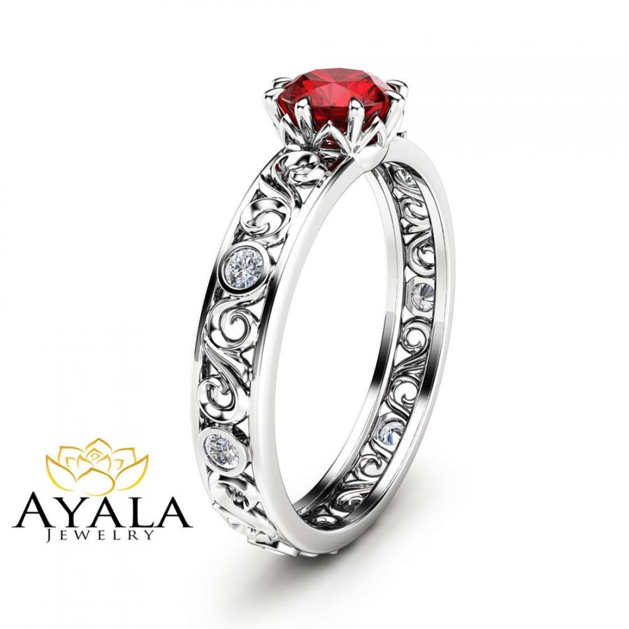 Hochzeit - Natural Ruby Engagement Ring Unique  14K White Gold Ruby Ring Filigree Engagement Ring