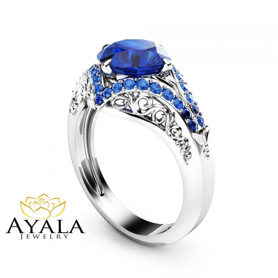 Свадьба - Art  Deco Styled Blue Sapphire Engagement Ring Unique 2 Carat Sapphire Ring in 14K White Gold Filigree Design Engagement Ring