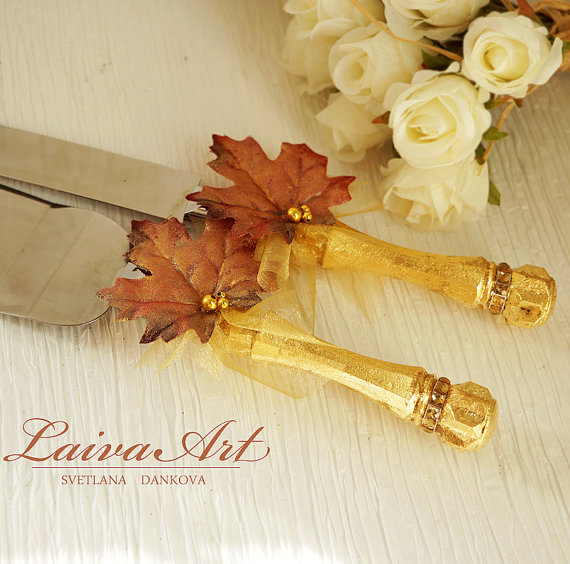 زفاف - Fall Leaves Thanksgiving Wedding Cake Server Set & Knife Gold Fall Wedding Cake Cutter