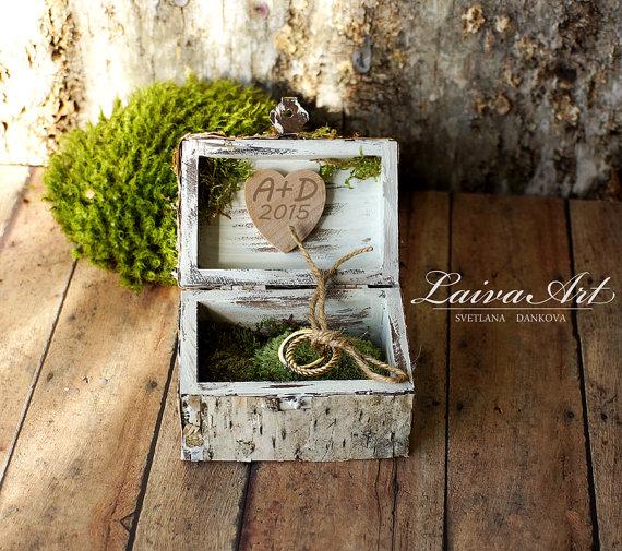 زفاف - Rustic Personalized Wedding Ring bearer box Ring Pillow Box Birch Bark box