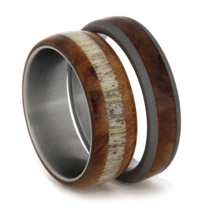 زفاف - Titanium Wedding Band Set, Elk Antler Ring With A Matching Wood Ring, Nature Rings For Couples