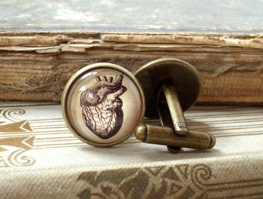 Mariage - Anatomical Heart Cufflinks - Antique Anatomy Print Cuff Links in Bronze - Wedding