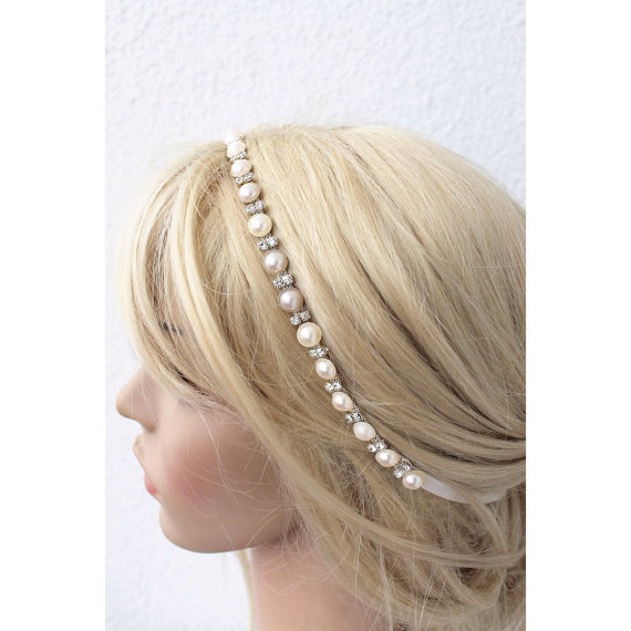 Mariage - bridal tiara, ivory headband, wedding head piece, pearl and rhinestone halo, brides accessories, gift for her, hair flowers