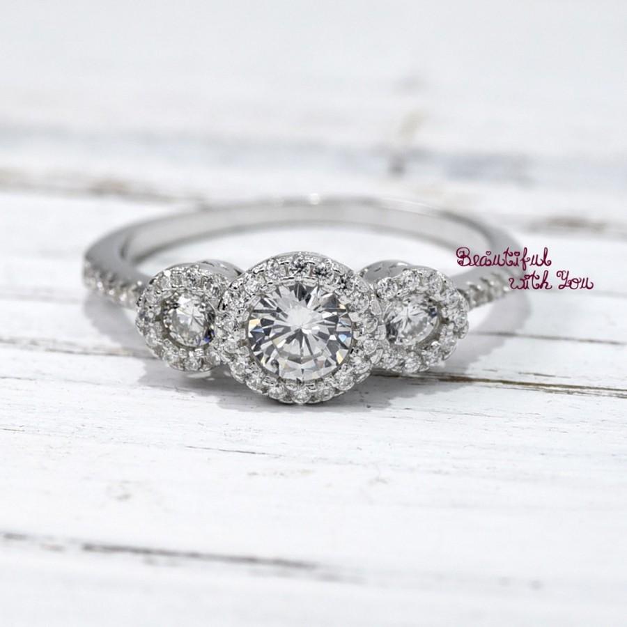 Wedding - Silver Wedding Ring,Simulated Diamond Three Stone Halo Ring,Valentine Gift,Girlfriend Gift,Valentine Day Gift,Wife Gift,Fiancce,Ring for Her