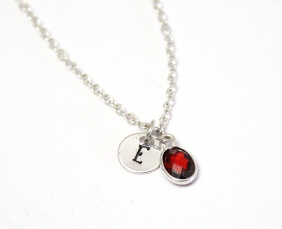 Wedding - Ruby Necklace Personalized Birthstone Necklace, Sterling Silver, Ruby Birthstone, July birthday, initial jewelry, bridesmaid gift