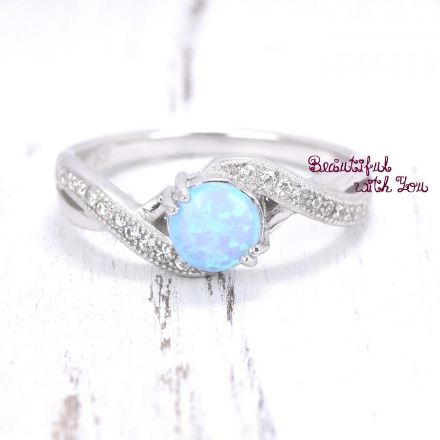 Hochzeit - Simple Engagement Ring Light Blue Opal, Engagement Ring, Silver Lab Create Light Blue Opal Ring, Opal Wedding Band, Hers Opal Wedding Band