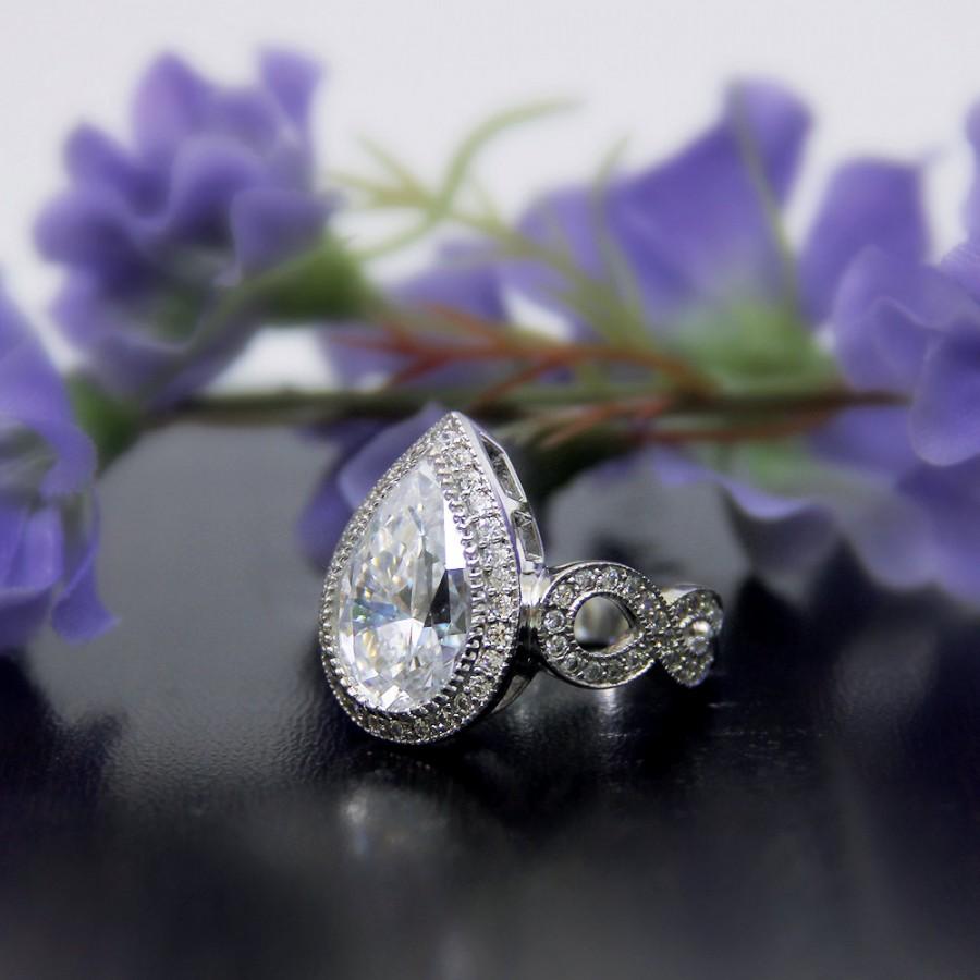 زفاف - 5.41 ct. Center Halo Engagement Ring-Pear Cut Diamond Simulants-Bridal Ring-Promise Ring-Anniversary Ring-Solid Sterling Silver [7714]