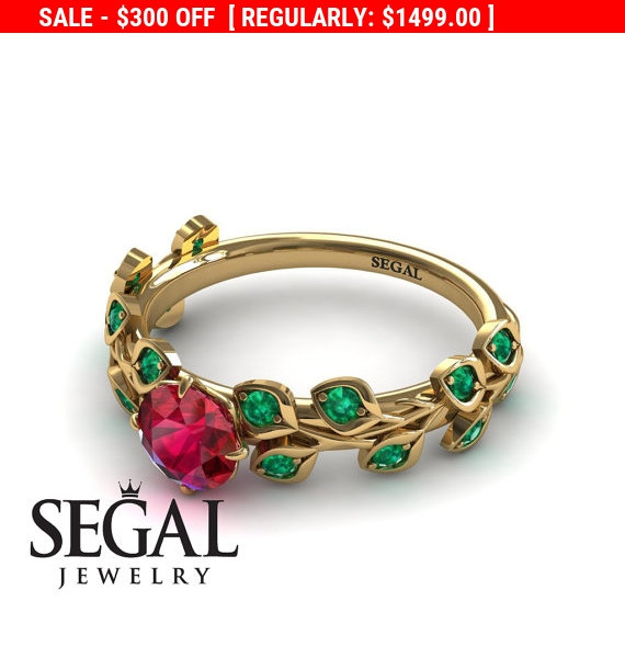 Свадьба - Unique Engagement Ring 14K Yellow Gold Leafs And Branches Vintage Ruby With Green Emerald - Sydney Leafs Engagement Ring