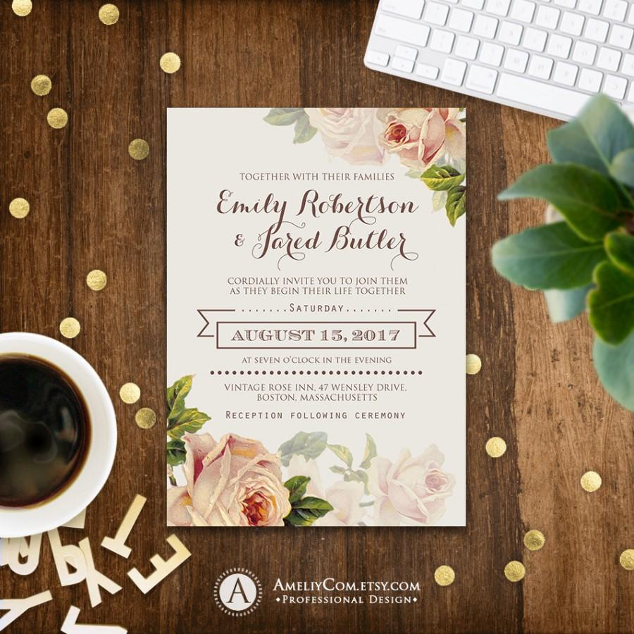 Mariage - Floral Wedding Invitation Printable Gentle Cream Roses Rustic Shabby Chic Invitations Template DIY DOWNLOAD Editable Weddings Spring, Summer