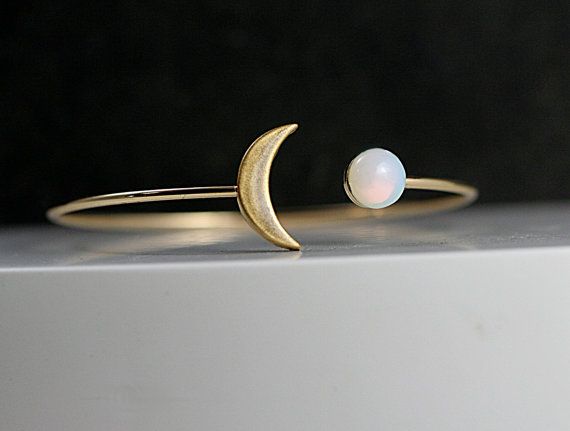 Wedding - Crescent Moon BANGLE With Genuine Vintage Opal Stone. Hand Patinated Gold. Fully Adjustable. Gift For Her