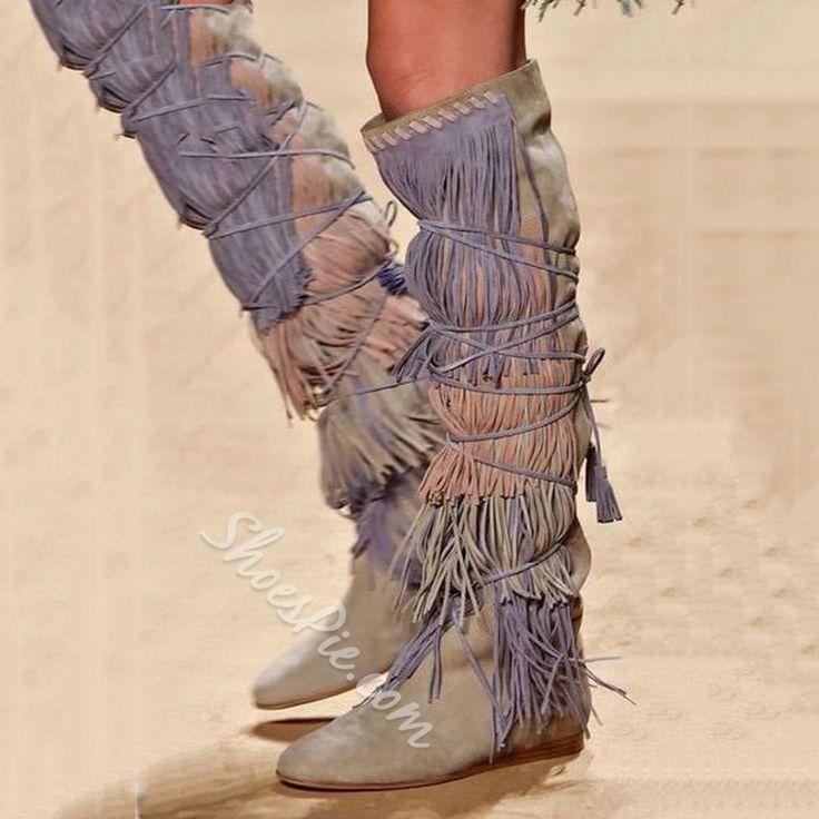 زفاف - Suede Fringe Knee High Cowgirl Boots