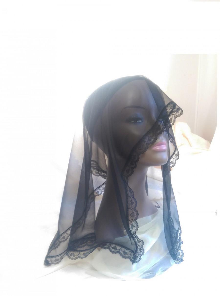 Hochzeit - Black Mourning Funeral Chapel Scarf Veil, Sheer Nylon and Black Heart Lace Head Covering, Gothic Wedding Acessory