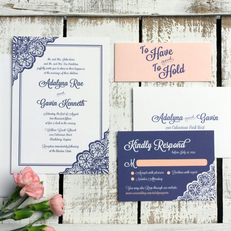 Mariage - Lace Wedding Invitation SAMPLE SET, Elegant Wedding Invitation Sample, Lace Wedding Invites // Navy and White, Navy and Peach Wedding