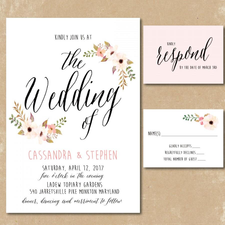 Hochzeit - Printable Floral Invitations, Watercolor Wedding Invitation,  Print Your Own, Spring Summer Wedding, Simple Pretty Invitations