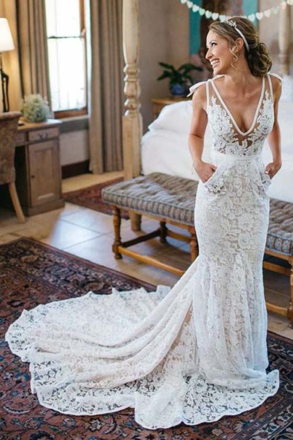 Mariage - Elegant Mermaid Deep V-Neck Sleeveless Ruched Backless Lace Court Train Wedding Dress