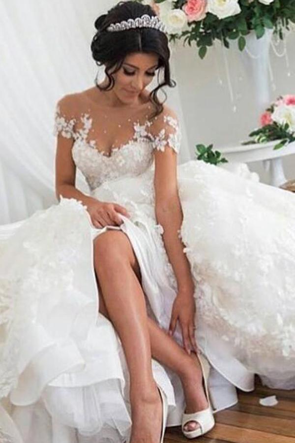 Hochzeit - Nectarean Illusion Jewel Short Sleeves Hi-Low Wedding Dress with Lace Patchwork