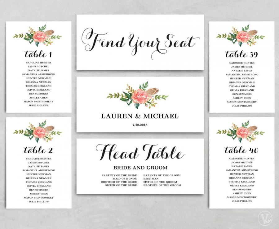 Свадьба - Wedding Seating Chart template, Header Signs and Table Signs 1-40, Printable Wedding Table chart, INSTANT DOWNLOAD, Blush Peony, SC005