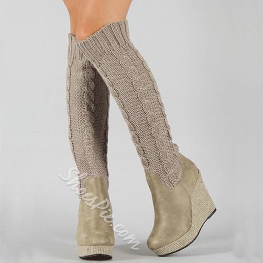 Hochzeit - Fashion Knitting Wedge Heels Knee High Boots