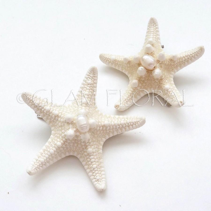 Mariage - 2 Natural Starfish Hair Clips, Freshwater Pearls-  Knobby Starfish - natural/ cream white, ivory - Destination. Beach Wedding