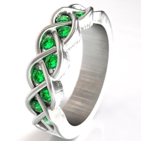 Wedding - Celtic Wedding Band, Sterling Silver Celtic Ring, Emerald Wedding Ring, Celtic Jewelry, Unique Wedding Ring,  Made in Your Size CR-1005