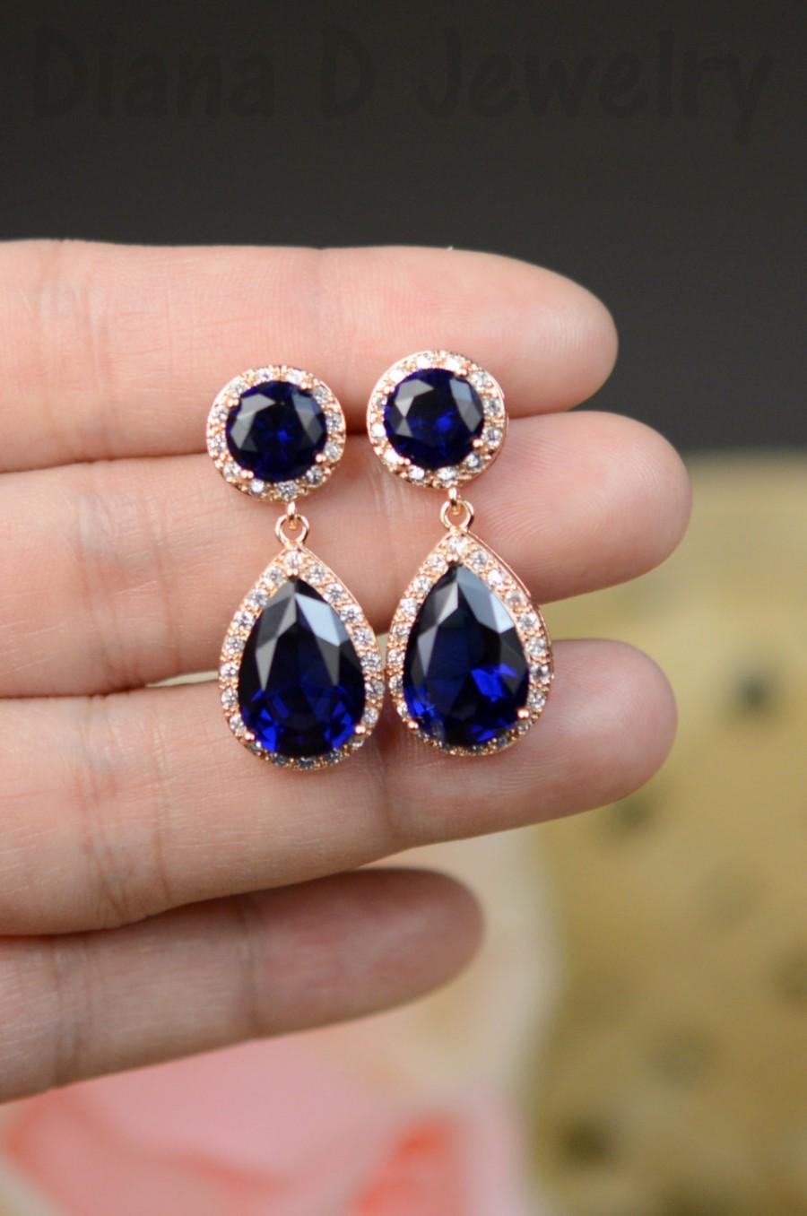 Mariage - navy sapphire Bridesmaid jewelry sapphire blue rose Gold Drop Earrings Wedding Bridal Wedding Dangle Earrings Bridal Jewelry Bridesmaid Gift