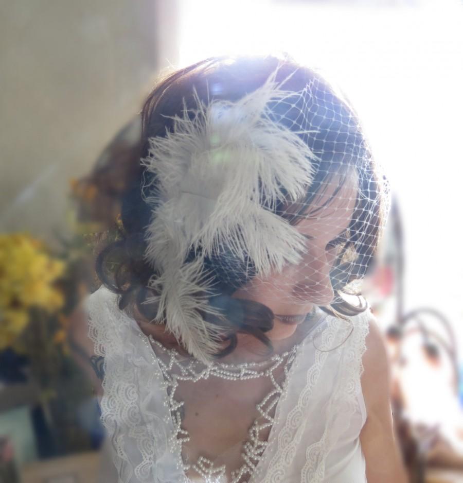 Mariage - Ostrich Feather Vintage 1930's gatsby inspired birdcage blusher veil 1920's mini short blusher french net russian net