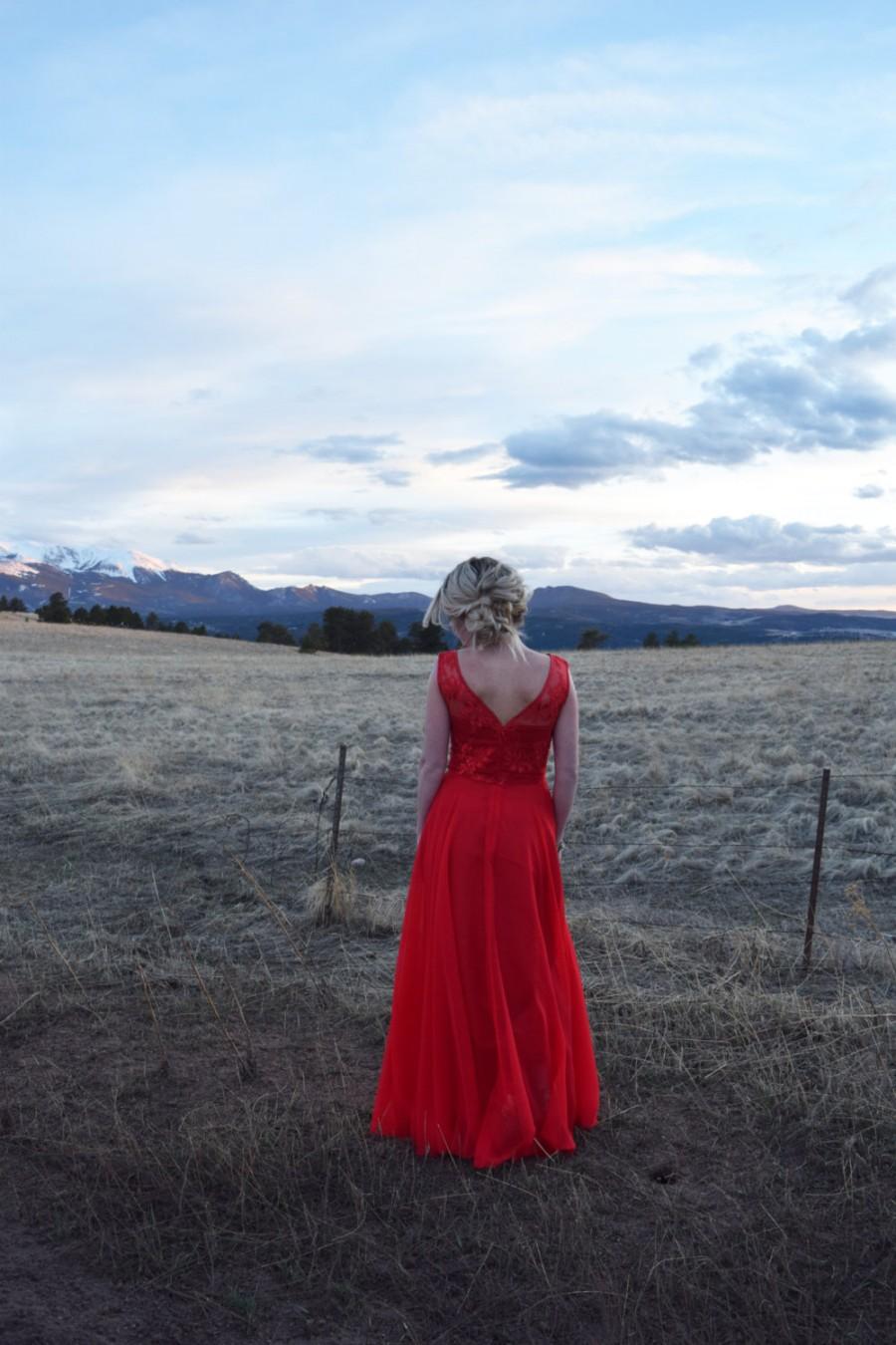 زفاف - Long Lace Bridesmaid Dress - Red Chiffon Dress - custom colors and size