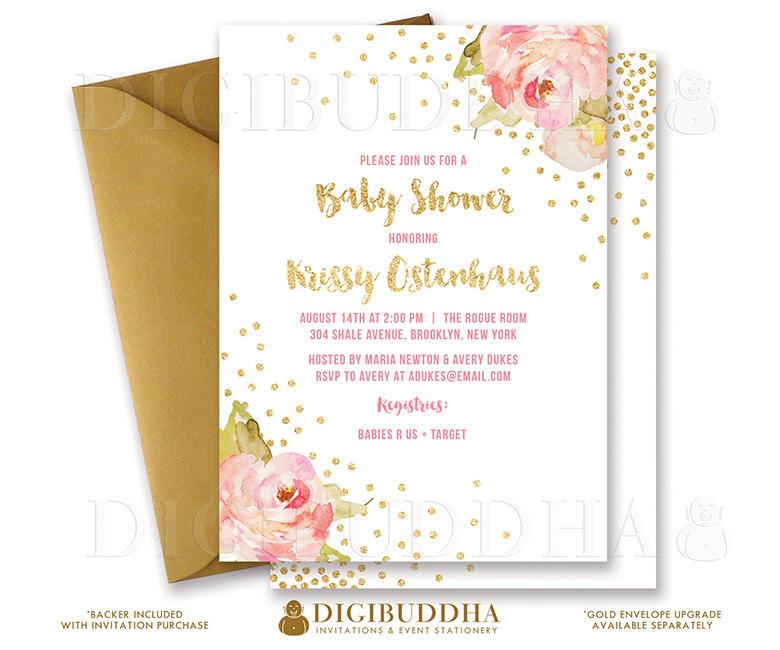Hochzeit - GLITTER & ROSES BABY Shower Invitation Printable Invite Gold Glitter Burst Sparkle Peony Peonies Baby Girl Free Shipping or DiY- Krissy