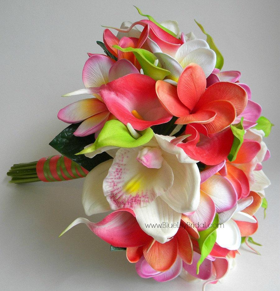 Hochzeit - The Cassie Touch of Lime Beach Wedding Bouquet in Pink, Coral, Coconut and Lime/ Style # 101A