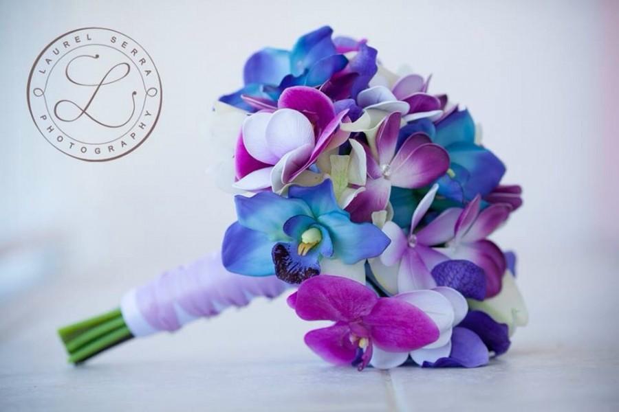 Hochzeit - Blue Galaxy Orchid, Plumeria and Calla Lily Real Touch Bouquet in Blues, Purples and Violet