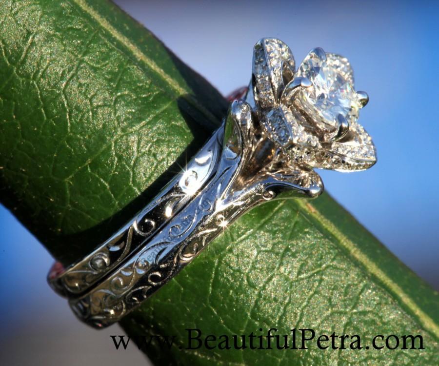Hochzeit - Wedding Set -  UNIQUE Flower Rose Diamond Engagement Ring and Wedding band set Engraving- 1.00 carats - 14K white gold - custom made - fL09