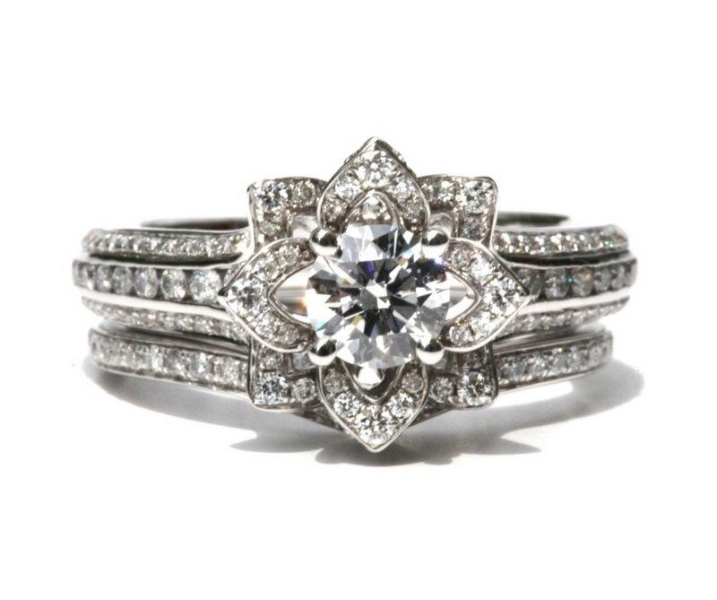 Hochzeit - Wedding SET - UNIQUE Flower Rose Diamond Engagement Ring and Wedding band set - 2.55 carats - 14K - fL01-S
