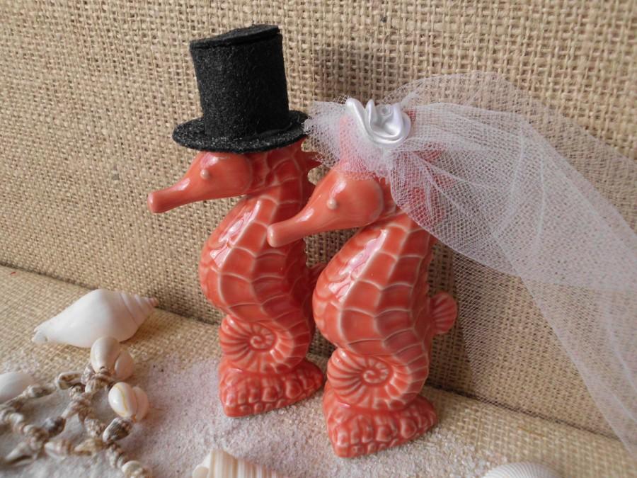 Свадьба - Wedding Cake Toppers Coral Ceramic Seahorse Tropical Beach Hawaii Destination Fall Orange Black Reception Decor