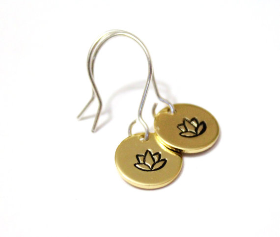 Wedding - Tiny Gold Lotus Earrings, Simple Yoga Jewelry, Small Flower Earrings, Dangle Silver Drop Earrings, Lotus Earrings, Simple Jewelry Gift
