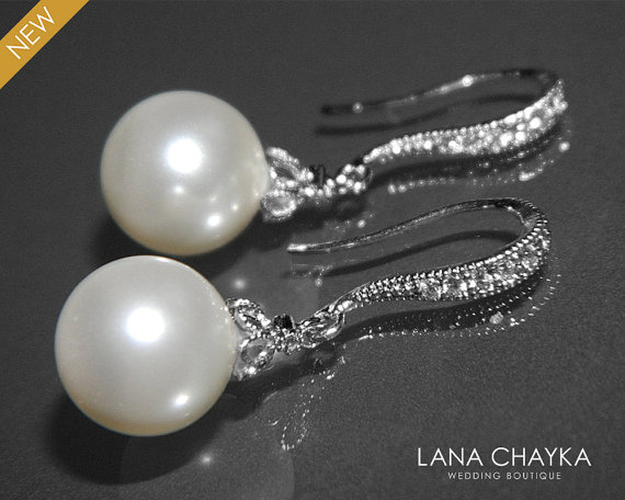 Mariage - Wedding White Drop Pearl Earrings Swarovski 10mm Pearl Dangle Earrings White Pearl Cz Silver Earrings Bridal Jewelry White Pearl Earrings