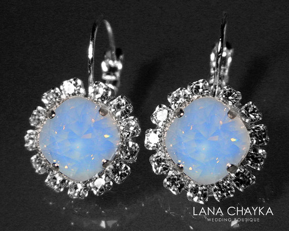 Mariage - Air Blue Opal Halo Earrings Swarovski Blue Opal Silver Earrings Wedding Crystal Earrings Leverback Opal Earrings Bridal Bridesmaid Jewelry