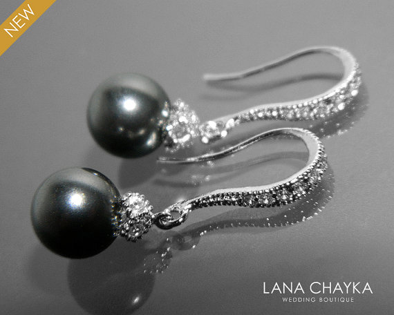 Hochzeit - Black Pearl Drop Earrings Swarovski 8mm Black Pearl Cz Wedding Earrings Small Pearl Earrings Bridal Jewelry Bridesmaid Black Pearl Jewelry