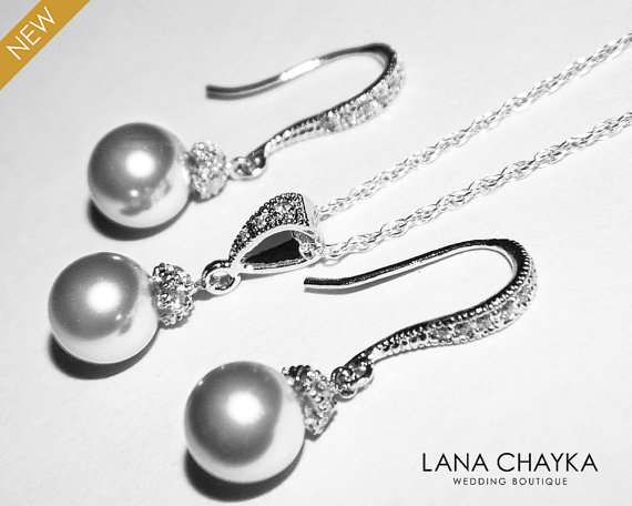 Wedding - Light Grey Pearl Earrings and Necklace Set STERLING SILVER Cz Grey Pearl Set Swarovski 8mm Pearl Necklace&Earrings Set Free US Shipping